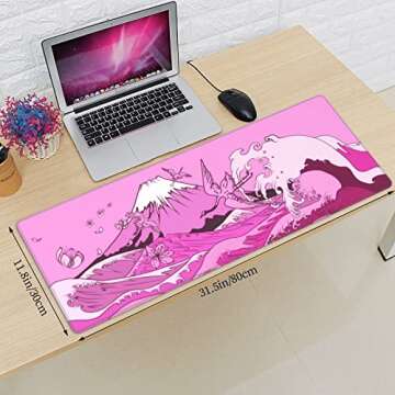 Japanese Wave Pink Cherry Blossom Crane Gaming Mouse Pad XL, Large Non Slip Rubber Mousepad, Stitched Edges Desk Pad, Long Extended Mice Pad,31.5'' X 11.8''