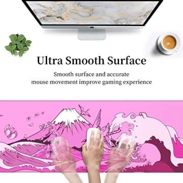 Japanese Wave Pink Cherry Blossom Crane Gaming Mouse Pad XL, Large Non Slip Rubber Mousepad, Stitched Edges Desk Pad, Long Extended Mice Pad,31.5'' X 11.8''