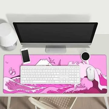 Japanese Wave Pink Cherry Blossom Crane Large Mouse Pad