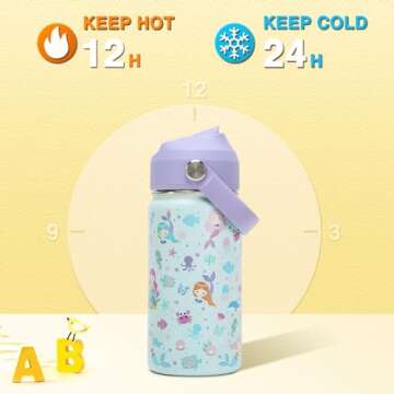 Scothen Kids Insulated Water Bottle with Straw Lid, 14oz Double Wall Vacuum 18/8 Stainless Steel Kids Tumbler, BPA-FREE Leak Proof Toddler Metal Water Bottle Kids Cups for School Travel Boys Girls