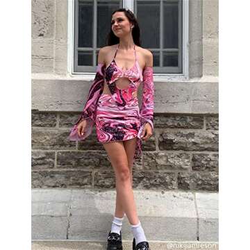 CAPE CLIQUE Women Marble Print Halter Backless Dress Split Long Sleeves Sexy Slim Fit Mini Dress Coo...