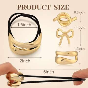 3PCS Gold Hair Ties for Women, Stretchy Metal Hair Ties for Thick Hair, Non-Damage Gold Ponytail Cuf...