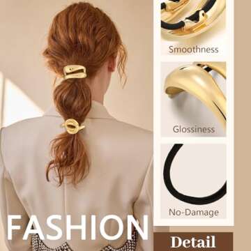 3PCS Gold Hair Ties for Women, Stretchy Metal Hair Ties for Thick Hair, Non-Damage Gold Ponytail Cuff Holders, Elegant Geometric Hair Accessories for Women, 3 Styles in Box Perfect Holiday Gift