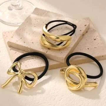 3PCS Gold Hair Ties for Women, Stretchy Metal Hair Ties for Thick Hair, Non-Damage Gold Ponytail Cuff Holders, Elegant Geometric Hair Accessories for Women, 3 Styles in Box Perfect Holiday Gift