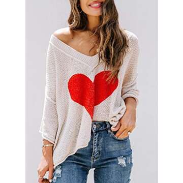 Ermonn Womens Cute Heart Sweater V Neck Crochet Knit Off Shoulder 3/4 Sleeve Pullover Tops Shirts Be...