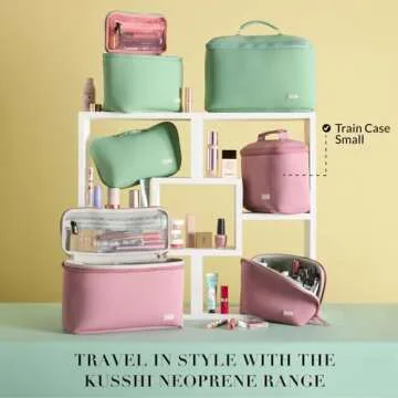 KUSSHI Neoprene Train Case Makeup Bag - Washable Makeup Travel Bag & Vanity Case for Stress Free Travel (Small, Mauve/Stone)