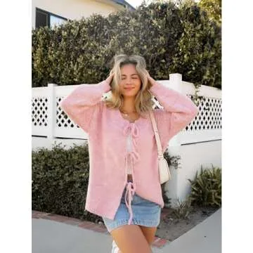 Lumister Cute Oversized Cardigan Sweaters for Women Y2K Long Sleeve V Neck Bow Tie Front Cadigan Knitwears Bow Tops (0737-Pink-S)