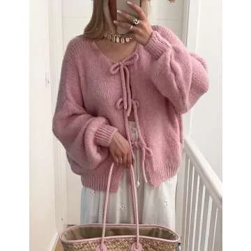 Lumister Cute Oversized Cardigan Sweaters for Women Y2K Long Sleeve V Neck Bow Tie Front Cadigan Knitwears Bow Tops (0737-Pink-S)