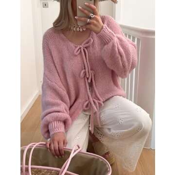 Lumister Cute Oversized Cardigan Sweaters for Women Y2K Long Sleeve V Neck Bow Tie Front Cadigan Knitwears Bow Tops (0737-Pink-S)
