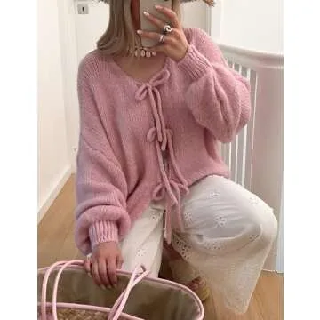 Lumister Cute Oversized Cardigan Sweaters for Women Y2K Long Sleeve V Neck Bow Tie Front Cadigan Knitwears Bow Tops (0737-Pink-S)