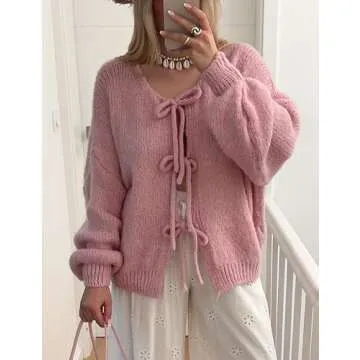 Lumister Cute Oversized Cardigan Sweaters for Women Y2K Long Sleeve V Neck Bow Tie Front Cadigan Knitwears Bow Tops (0737-Pink-S)