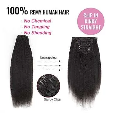 AmazingBeauty Afro Kinky Straight Clip in Hair Extensions 8A Grade Thick 100% Remy Hair Natural Black 7 Pieces with 17 Clips 120g/4.2oz per Set Fit For Full Head 16 Inch