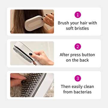 RHOS Self Cleaning Hair Brush with Holder-New 3D Air Cushion Brush for Detangling-Easy Clean Hair Brush for Women&Men-Paddle Hair Brush with Nylon Bristles for Thick/Curly/Long/Short Hair(Purple)