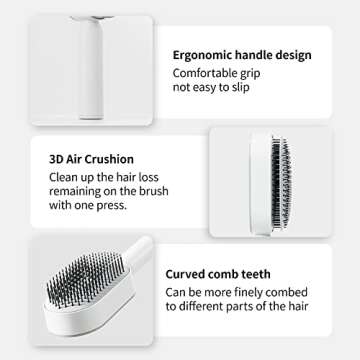 RHOS Self Cleaning Hair Brush with Holder-New 3D Air Cushion Brush for Detangling-Easy Clean Hair Brush for Women&Men-Paddle Hair Brush with Nylon Bristles for Thick/Curly/Long/Short Hair(Purple)