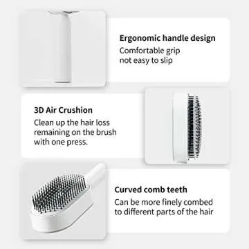 RHOS Self Cleaning Hair Brush with Holder-New 3D Air Cushion Brush for Detangling-Easy Clean Hair Brush for Women&Men-Paddle Hair Brush with Nylon Bristles for Thick/Curly/Long/Short Hair(Purple)