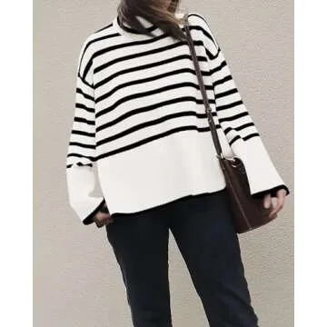 BTFBM Women Casual Turtleneck Striped Sweater 2024 Fall Winter Jumper Tops Long Sleeve Side Slit Oversized Knit Pullover(Striped White, Medium)