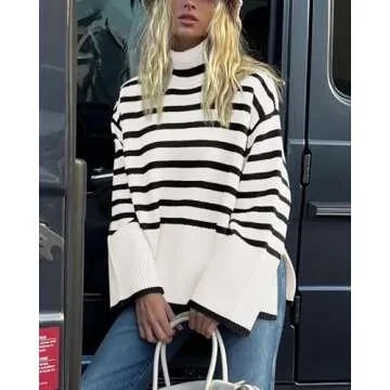 BTFBM Women Casual Turtleneck Striped Sweater 2024 Fall Winter Jumper Tops Long Sleeve Side Slit Oversized Knit Pullover(Striped White, Medium)