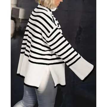 BTFBM Women Casual Turtleneck Striped Sweater 2024 Fall Winter Jumper Tops Long Sleeve Side Slit Oversized Knit Pullover(Striped White, Medium)