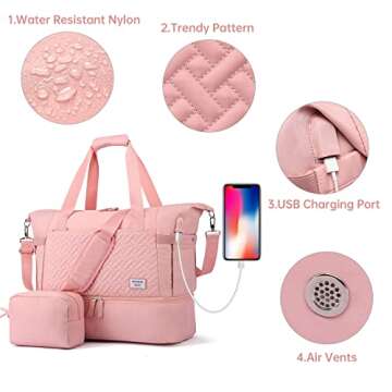Travel Bags for Women, Weekender Bag with Shoe Compartment, Gym Tote Bags with USB Charging Port,Overnight Duffle Bag with Trolley Sleeve, Pink