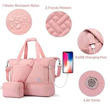 Travel Bags for Women, Weekender Bag with Shoe Compartment, Gym Tote Bags with USB Charging Port,Overnight Duffle Bag with Trolley Sleeve, Pink