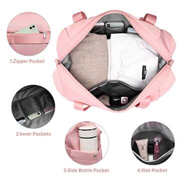 Travel Bags for Women, Weekender Bag with Shoe Compartment, Gym Tote Bags with USB Charging Port,Overnight Duffle Bag with Trolley Sleeve, Pink