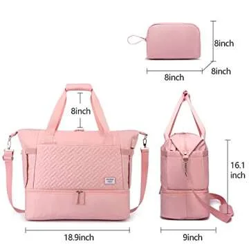 Travel Bags for Women, Weekender Bag with Shoe Compartment, Gym Tote Bags with USB Charging Port,Overnight Duffle Bag with Trolley Sleeve, Pink