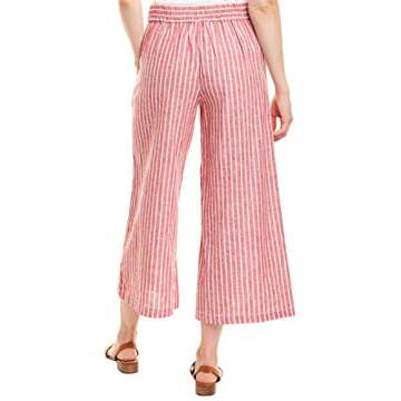 Max Studio Women's Flat Front, Linen Blend Cropped Pant, Red/White Whale Stripe, Medium