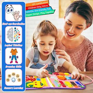 iooo Toddler Busy Board Montessori Toys for 1 2 3 4 Year Old, Sensory Board with Buckles Educational Activities for Learning Fine Motor Skills, Gifts Toy for Girls Boys for Airplane Car (Pink-3)