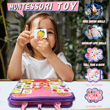 iooo Toddler Busy Board Montessori Toys for 1 2 3 4 Year Old, Sensory Board with Buckles Educational Activities for Learning Fine Motor Skills, Gifts Toy for Girls Boys for Airplane Car (Pink-3)