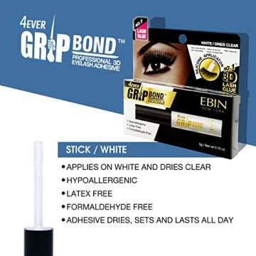 EBIN NEW YORK Grip Bond Eyelash Adhesive (Paddle Type, White/Dries Clear, 0.18 oz) | Hypoallergenic Latex Free Formaldehyde Free Lasts All Day Ideal for Sensitive Skins