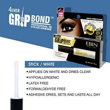 EBIN NEW YORK Grip Bond Eyelash Adhesive (Paddle Type, White/Dries Clear, 0.18 oz) | Hypoallergenic Latex Free Formaldehyde Free Lasts All Day Ideal for Sensitive Skins