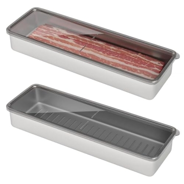 Freshmage Bacon Container for Refrigerator, 304 Stainless Steel Airtight Deli Meat Storage Container for Fridge Dishwasher Safe Long Kitchen Food Storage Containers with Lids with Elevated Base 1 PACK