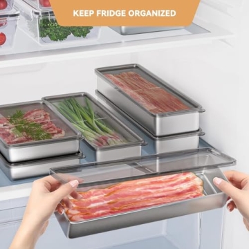 Freshmage Bacon Container for Refrigerator, 304 Stainless Steel Airtight Deli Meat Storage Container for Fridge Dishwasher Safe Long Kitchen Food Storage Containers with Lids with Elevated Base 1 PACK
