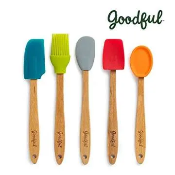 Goodful Silicone and Beechwood Mini Kitchen Utensil Set, Great for Cooking, Baking or Reaching Into Small Jars, Easy to Clean, Safe for Non-Stick Cookware, 3 Spatulas, Spoon, Basting Brush, Multicolor