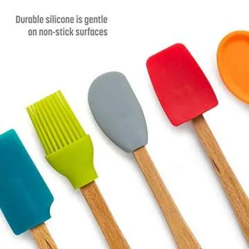 Goodful Silicone and Beechwood Mini Kitchen Utensil Set, Great for Cooking, Baking or Reaching Into Small Jars, Easy to Clean, Safe for Non-Stick Cookware, 3 Spatulas, Spoon, Basting Brush, Multicolor