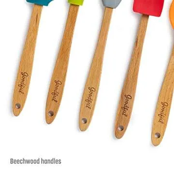 Goodful Silicone and Beechwood Mini Kitchen Utensil Set, Great for Cooking, Baking or Reaching Into Small Jars, Easy to Clean, Safe for Non-Stick Cookware, 3 Spatulas, Spoon, Basting Brush, Multicolor