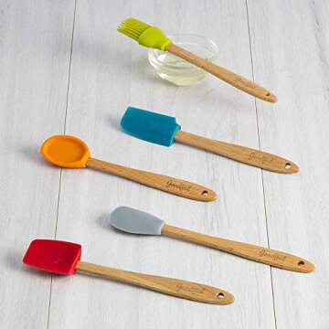 Goodful Silicone and Beechwood Mini Kitchen Utensil Set, Great for Cooking, Baking or Reaching Into Small Jars, Easy to Clean, Safe for Non-Stick Cookware, 3 Spatulas, Spoon, Basting Brush, Multicolor