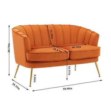 Artechworks Contemporary Velvet Loveseat Chair with Gold-Finished Metal Legs, 2-Seat Sofa for Living Room, Bedroom, Home Office, Caramel Orange