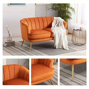 Artechworks Contemporary Velvet Loveseat Chair with Gold-Finished Metal Legs, 2-Seat Sofa for Living Room, Bedroom, Home Office, Caramel Orange