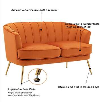 Artechworks Contemporary Velvet Loveseat Chair with Gold-Finished Metal Legs, 2-Seat Sofa for Living Room, Bedroom, Home Office, Caramel Orange