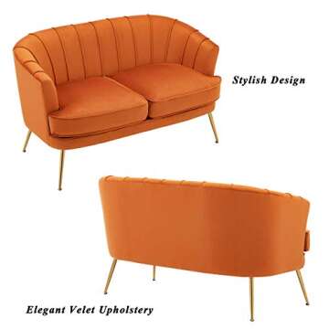 Artechworks Contemporary Velvet Loveseat Chair with Gold-Finished Metal Legs, 2-Seat Sofa for Living Room, Bedroom, Home Office, Caramel Orange