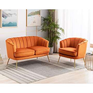Artechworks Contemporary Velvet Loveseat Chair with Gold-Finished Metal Legs, 2-Seat Sofa for Living Room, Bedroom, Home Office, Caramel Orange