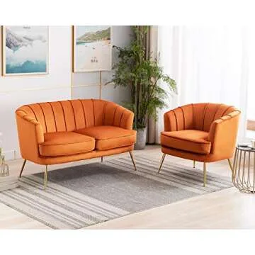 Artechworks Contemporary Velvet Loveseat Chair with Gold-Finished Metal Legs, 2-Seat Sofa for Living Room, Bedroom, Home Office, Caramel Orange