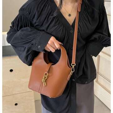 Women Bucket Bag PU Leather Hobo Bag Fashion Shoulder Crossbody Bag Vintage Tote Bag Small Handabg P...
