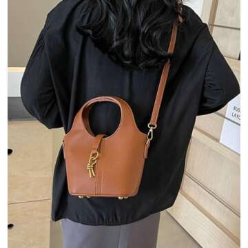 Women Bucket Bag PU Leather Hobo Bag Fashion Shoulder Crossbody Bag Vintage Tote Bag Small Handabg Purse