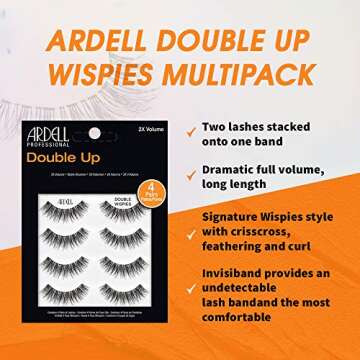 Ardell Double Up Wispies False Eyelashes, Dramatic Full Volume Wispy Lashes, Reusable and Easy to Apply, Black, 4 Pairs