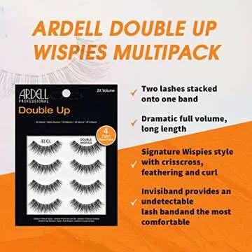 Ardell Double Up Wispies False Eyelashes, Dramatic Full Volume Wispy Lashes, Reusable and Easy to Apply, Black, 4 Pairs