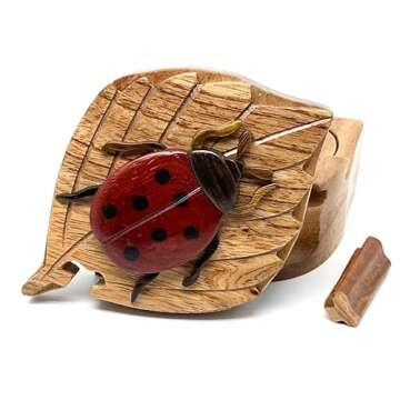 Lady Bug - Secret Wooden Intarsia Puzzle Box - Handcrafted from Natural Exotic Woods