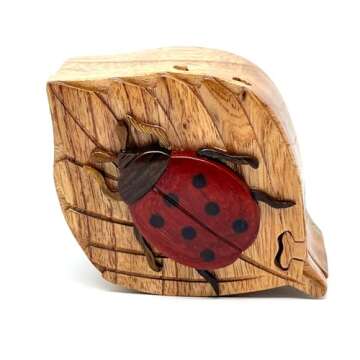 Lady Bug - Secret Wooden Intarsia Puzzle Box - Handcrafted from Natural Exotic Woods