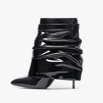 THESHY Women's Fold Over Stiletto Ankle Boots Pointed Toe Lock Mid Calf Shark Bootie Pull on Fashion Party Winter Boots for Women